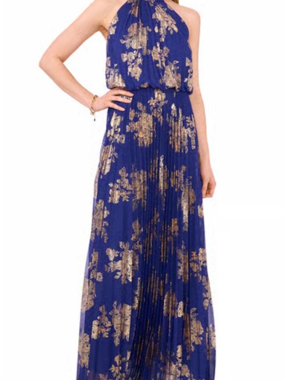 Women’s MSK Metallic-Print Pleated Blouson Gown Cobalt And Gold Size 8